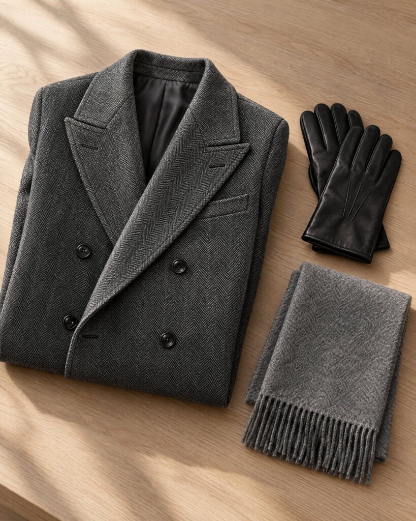 Tom Ford herringbone overcoat folded on an oak surface with leather gloves and a grey scarf