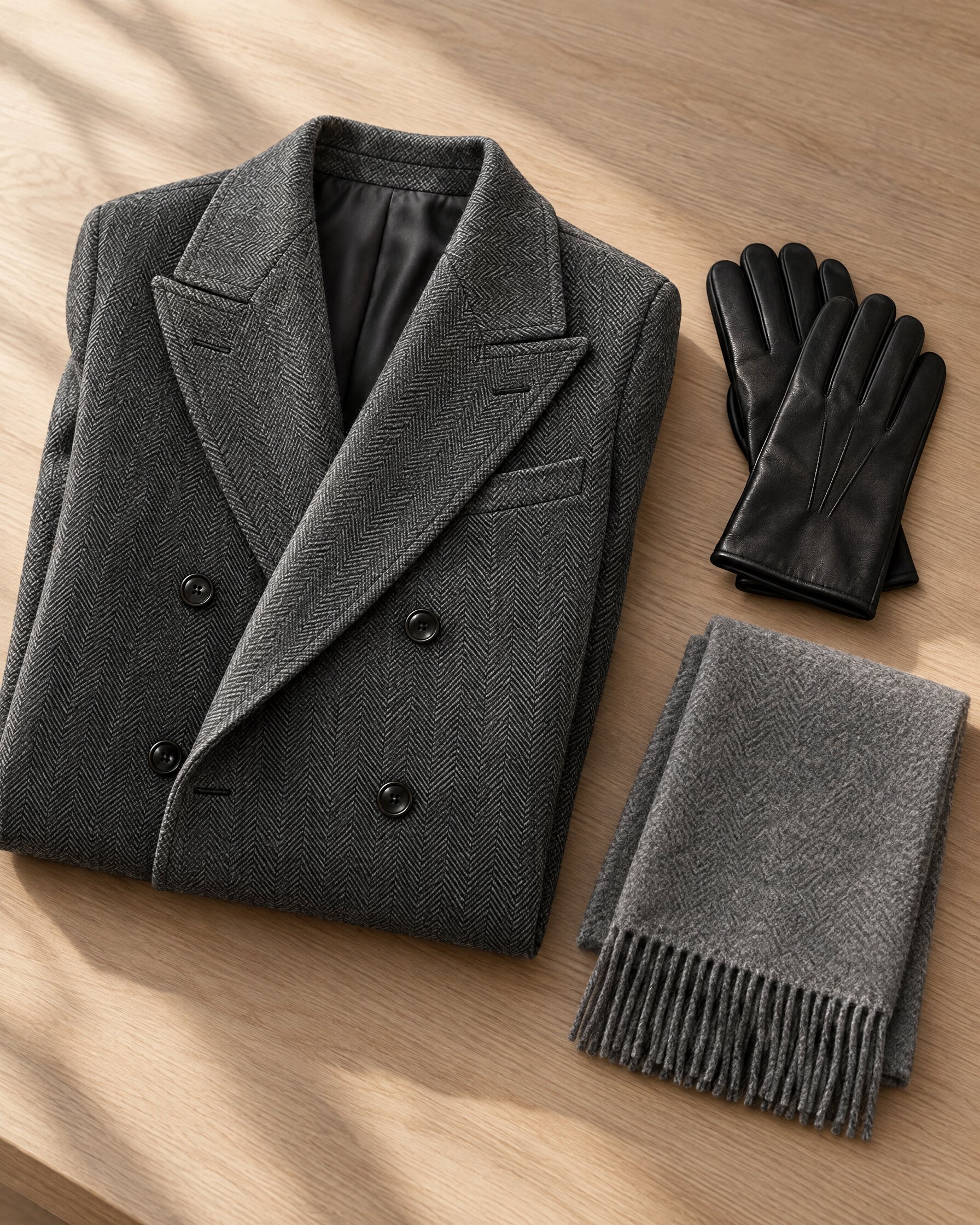 Tom Ford herringbone overcoat folded on an oak surface with leather gloves and a grey scarf