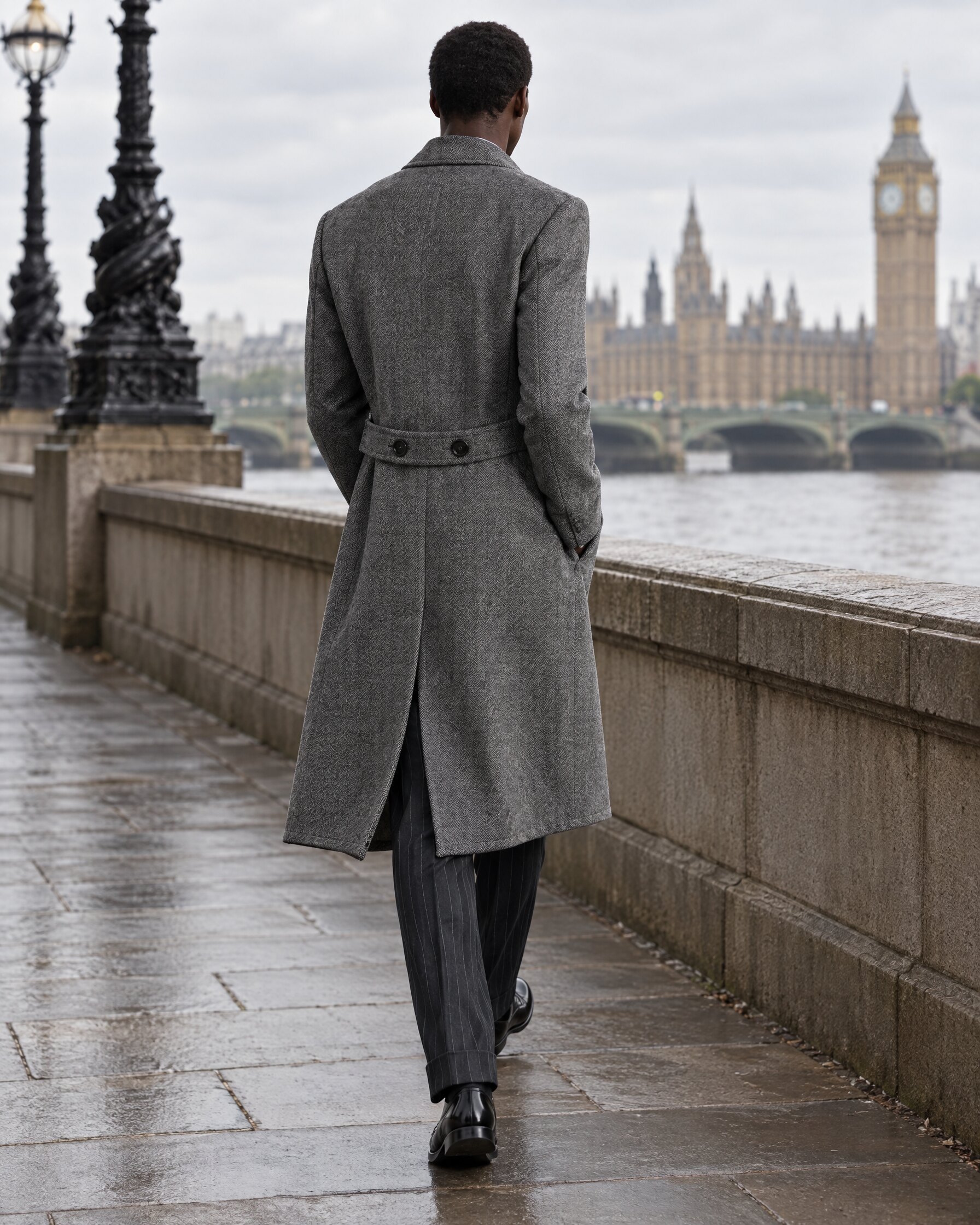 Man in a long herringbone overcoat over a dark suit walking along a river embankment