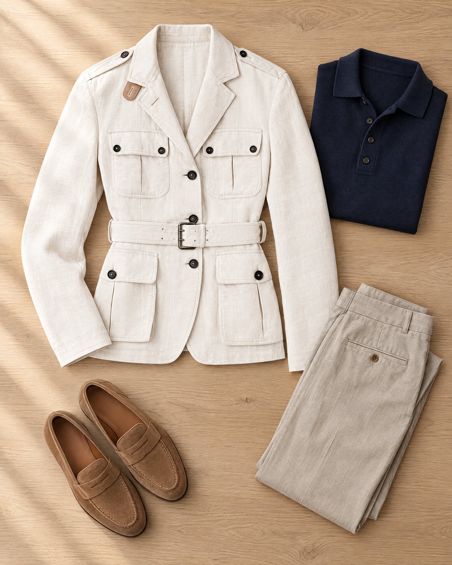 Tom Ford linen belted field jacket in Lily White laid flat with stone trousers, suede loafers and a navy polo