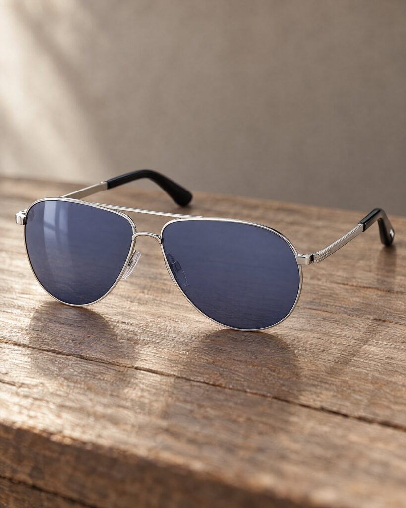 Tom Ford Marko sunglasses in shiny rhodium with blue lenses on a teak table