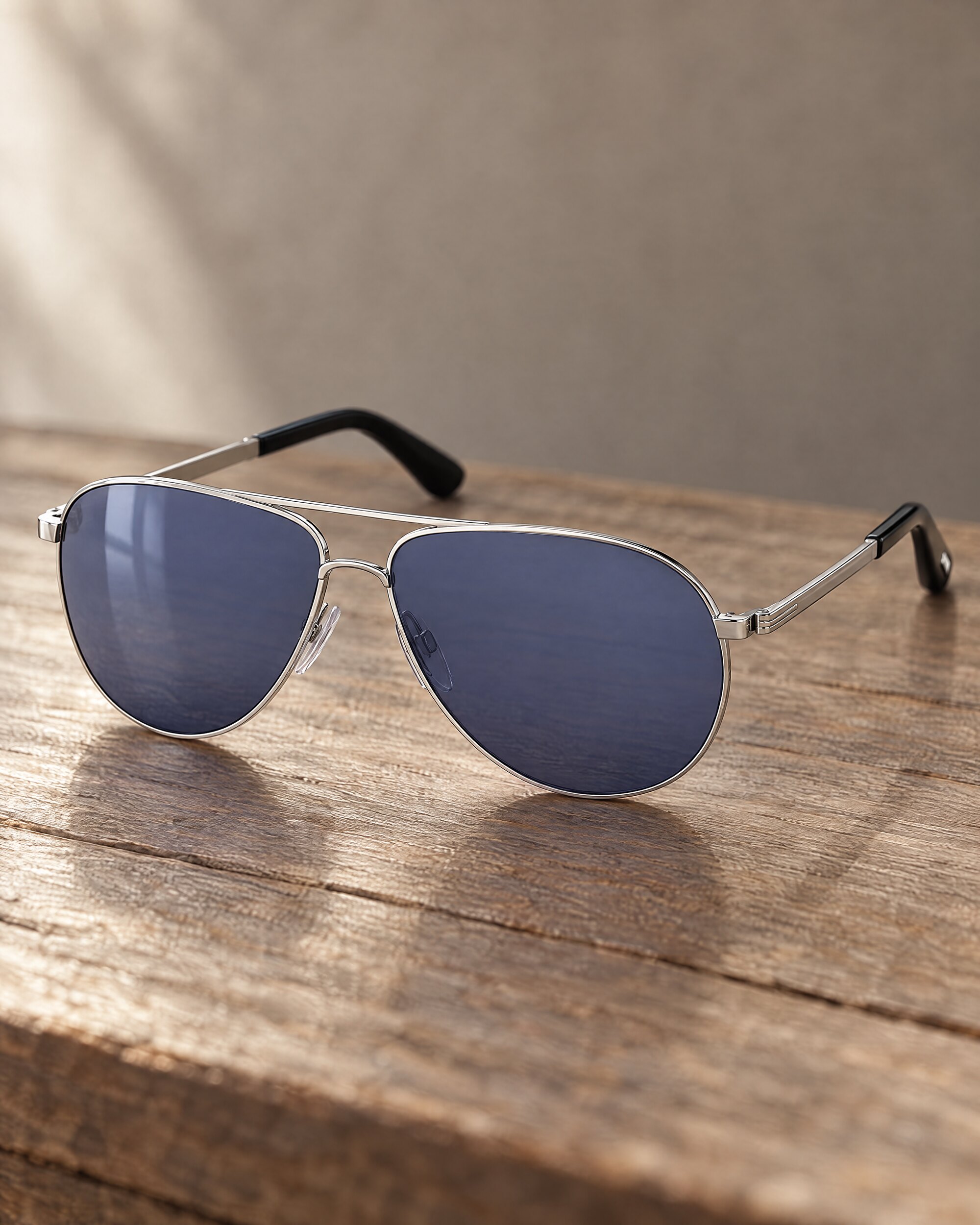 Tom Ford Marko sunglasses in shiny rhodium with blue lenses on a teak table