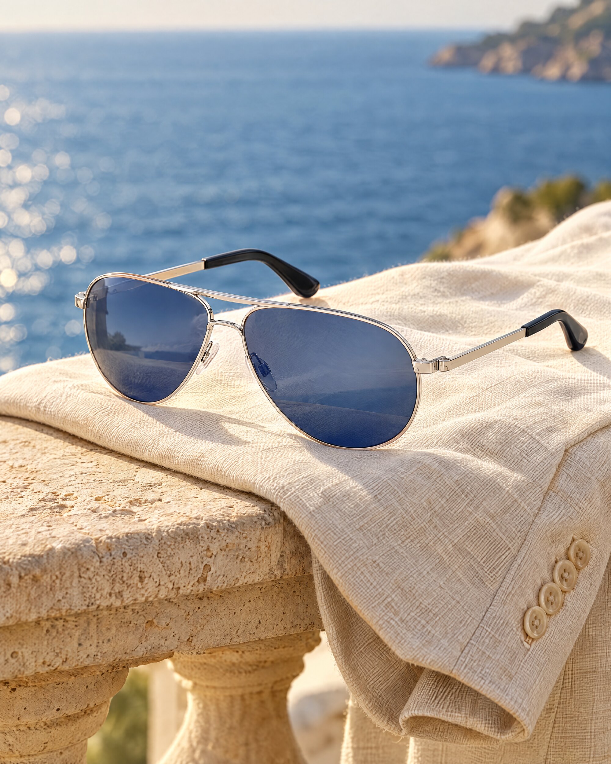 Rhodium aviator sunglasses with blue lenses resting on a folded linen jacket on a sunlit stone terrace