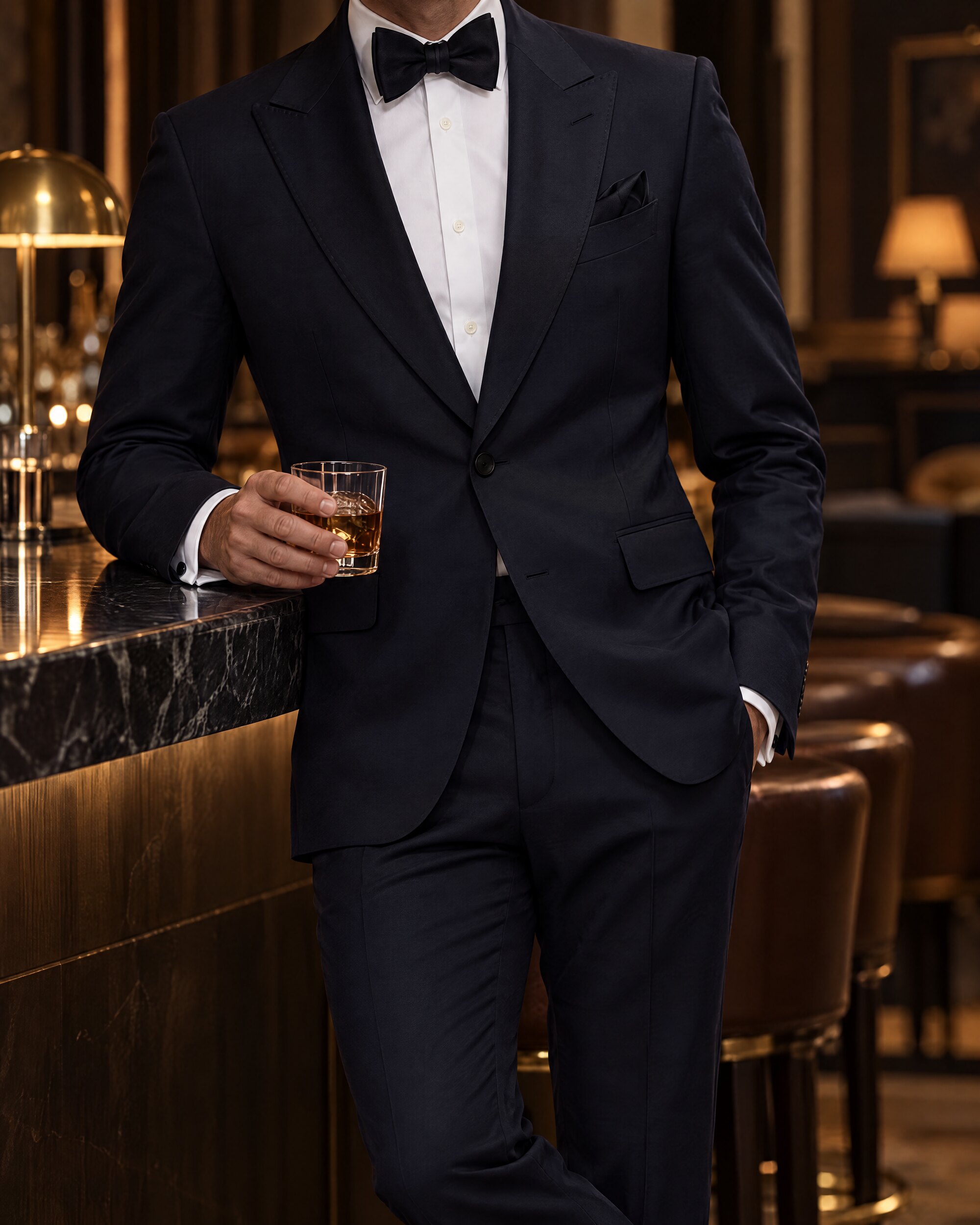 Man in a midnight navy dinner suit at a hotel bar, photographed from the neck down