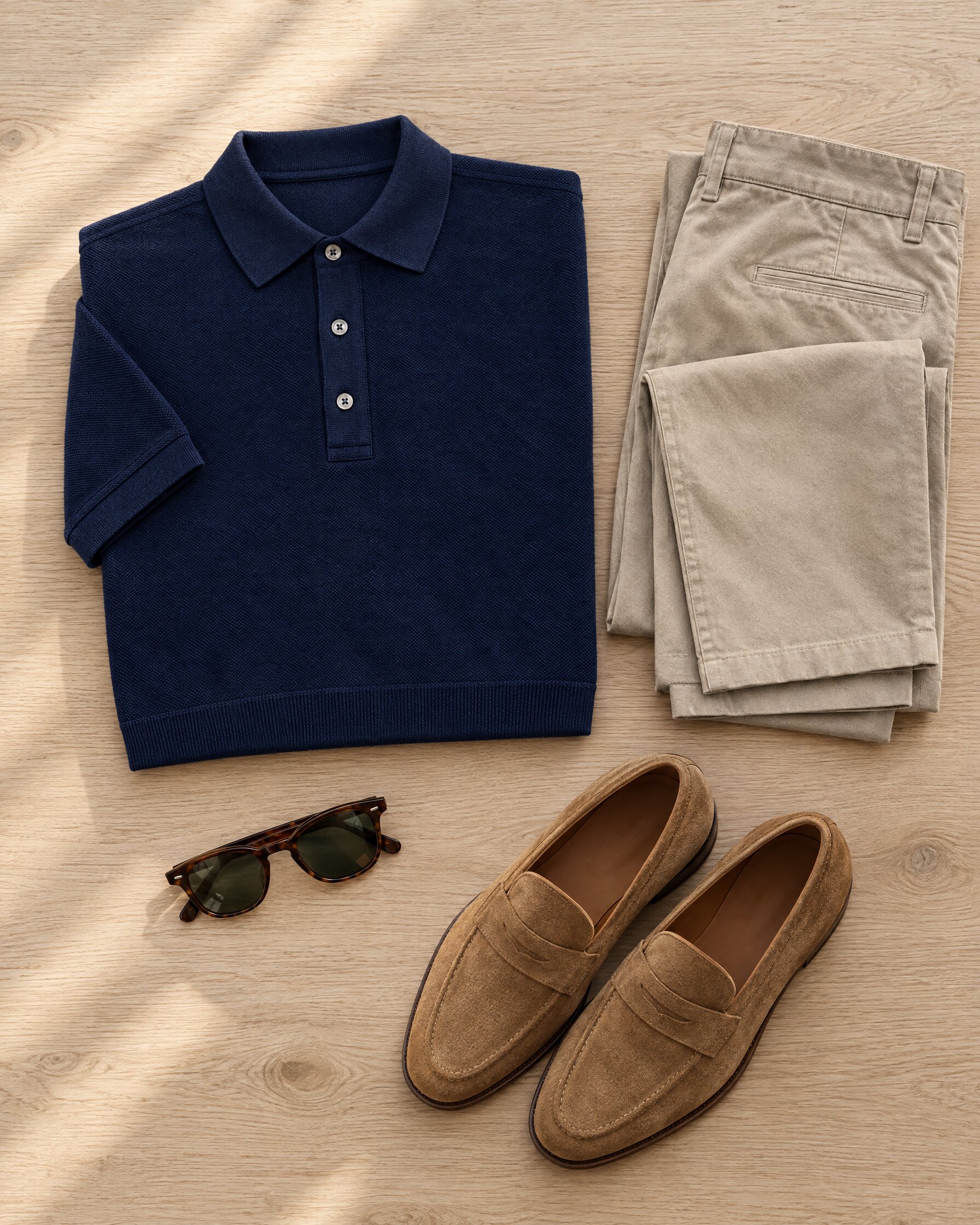 Folded Tom Ford navy polo Spectre style in rayon piqué with stone chinos and suede shoes on an oak table