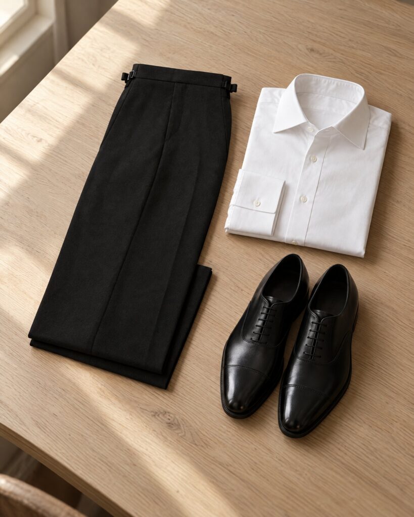 Black Tom Ford O'Connor evening trousers folded on an oak table beside a white shirt and black shoes