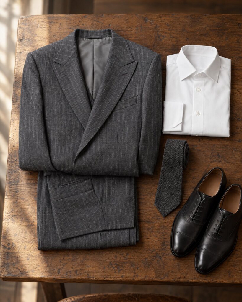 Folded Tom Ford O'Connor grey pinstripe suit with white shirt, dark grey tie and black calf shoes on an oak table