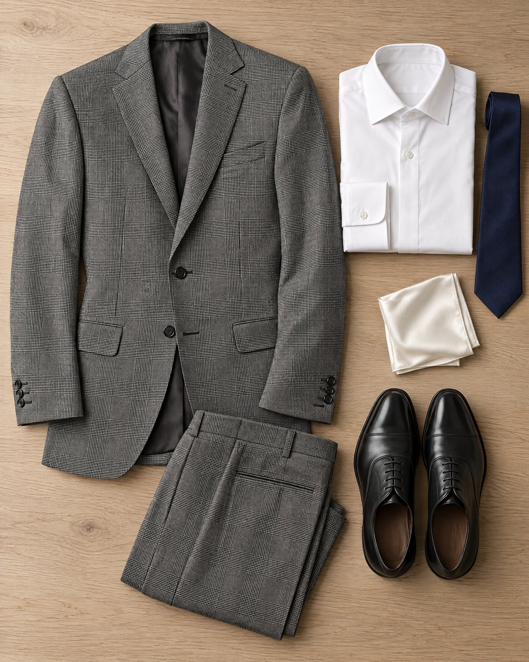 Tom Ford O'Connor Prince of Wales suit in grey check laid flat with a white shirt, navy tie and black shoes