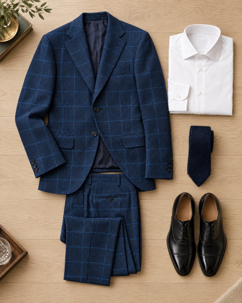Tom Ford O'Connor windowpane suit in blue wool laid flat with white shirt and black oxfords
