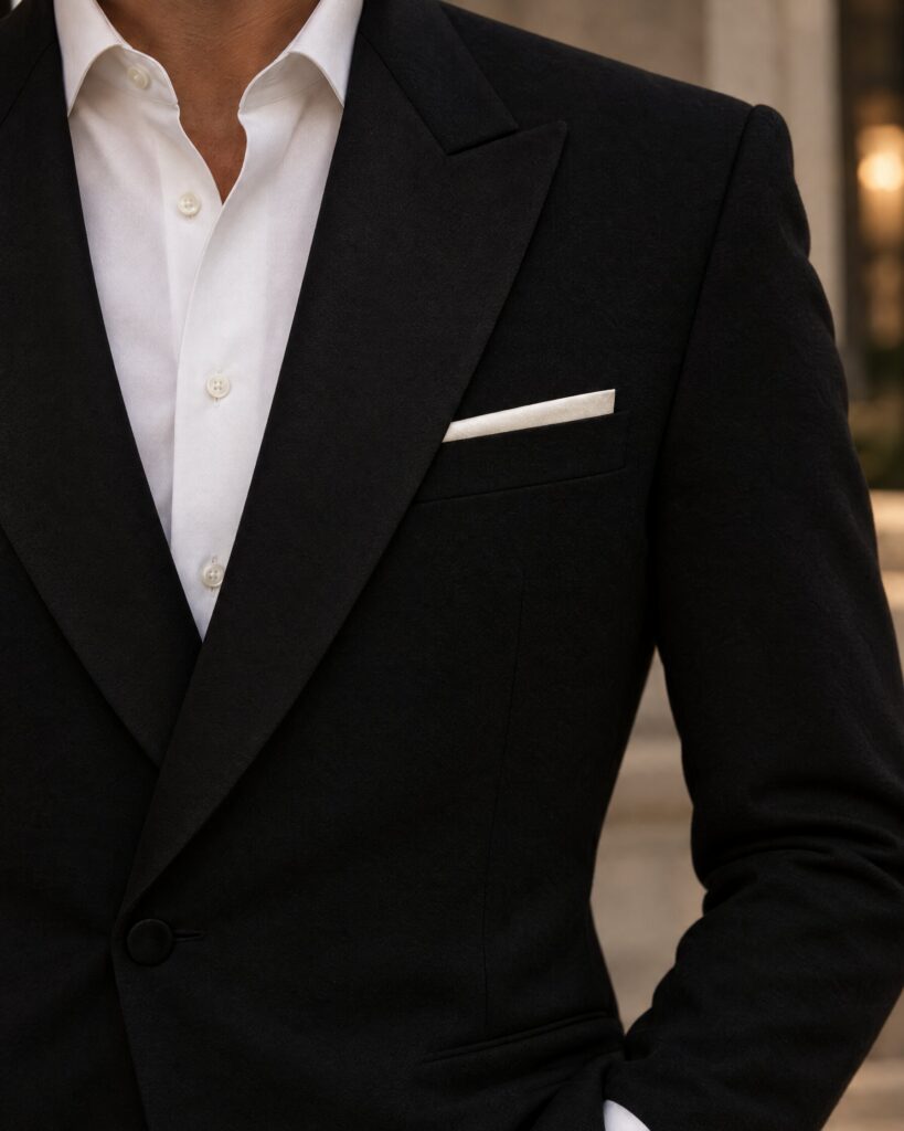 Tom Ford pocket square in off white silk folded into the chest pocket of a black dinner jacket