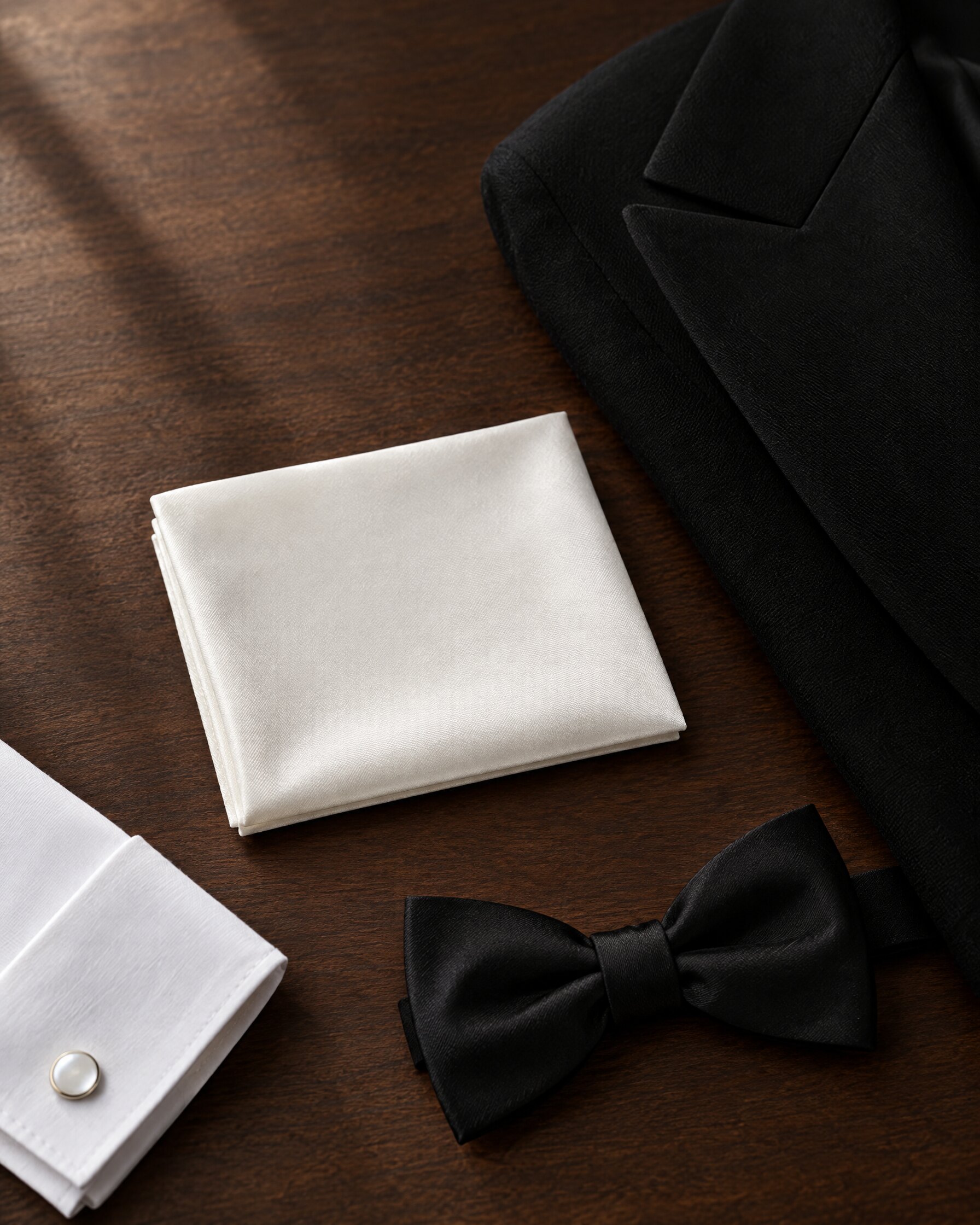 Off white silk pocket square folded flat beside a black dinner jacket lapel and white shirt cuff