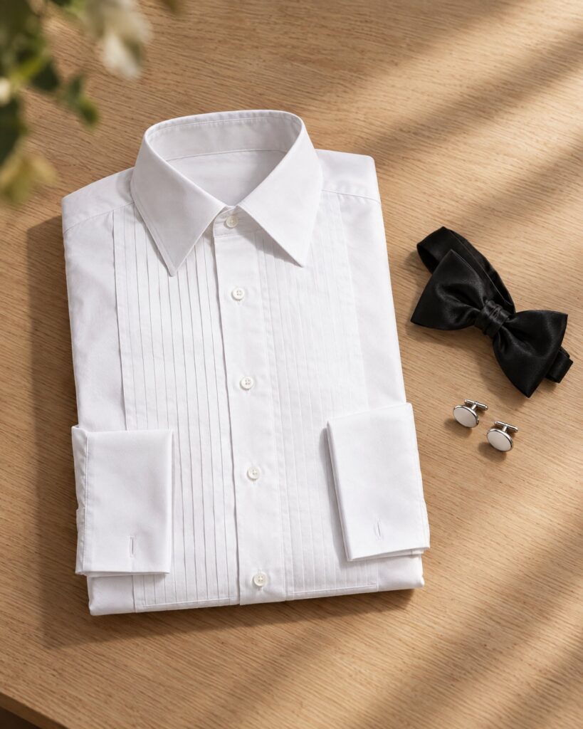Folded white Tom Ford pleated front dress shirt with silver cufflinks and a black bow tie on an oak table