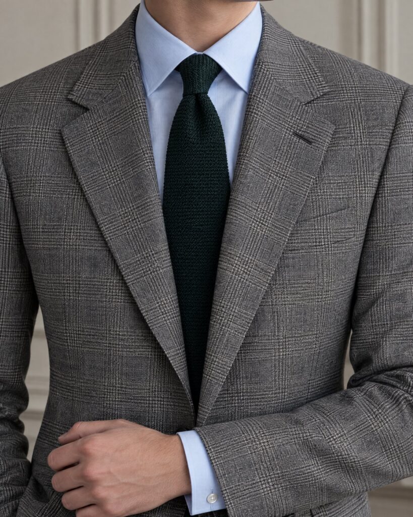 Man in a pale poplin dress shirt, dark tie and grey check suit with the cuff showing at the sleeve