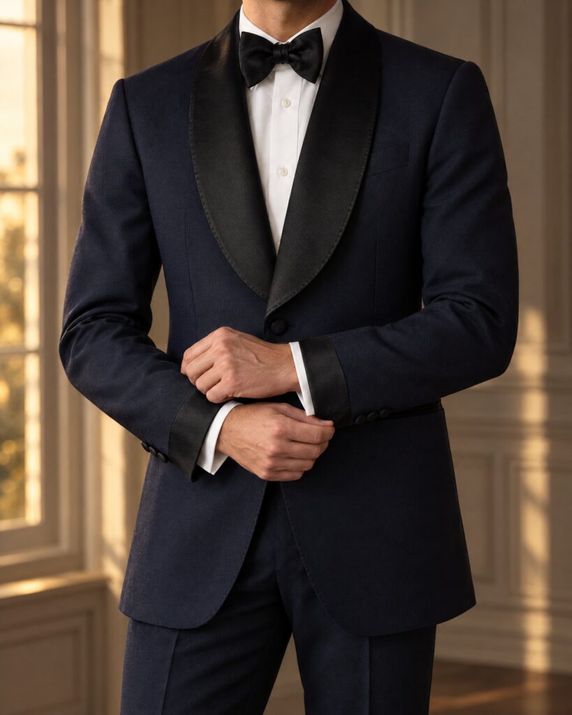 Man in a midnight blue satin-trimmed dinner jacket and black bow tie adjusting his cuff, cropped at the chin