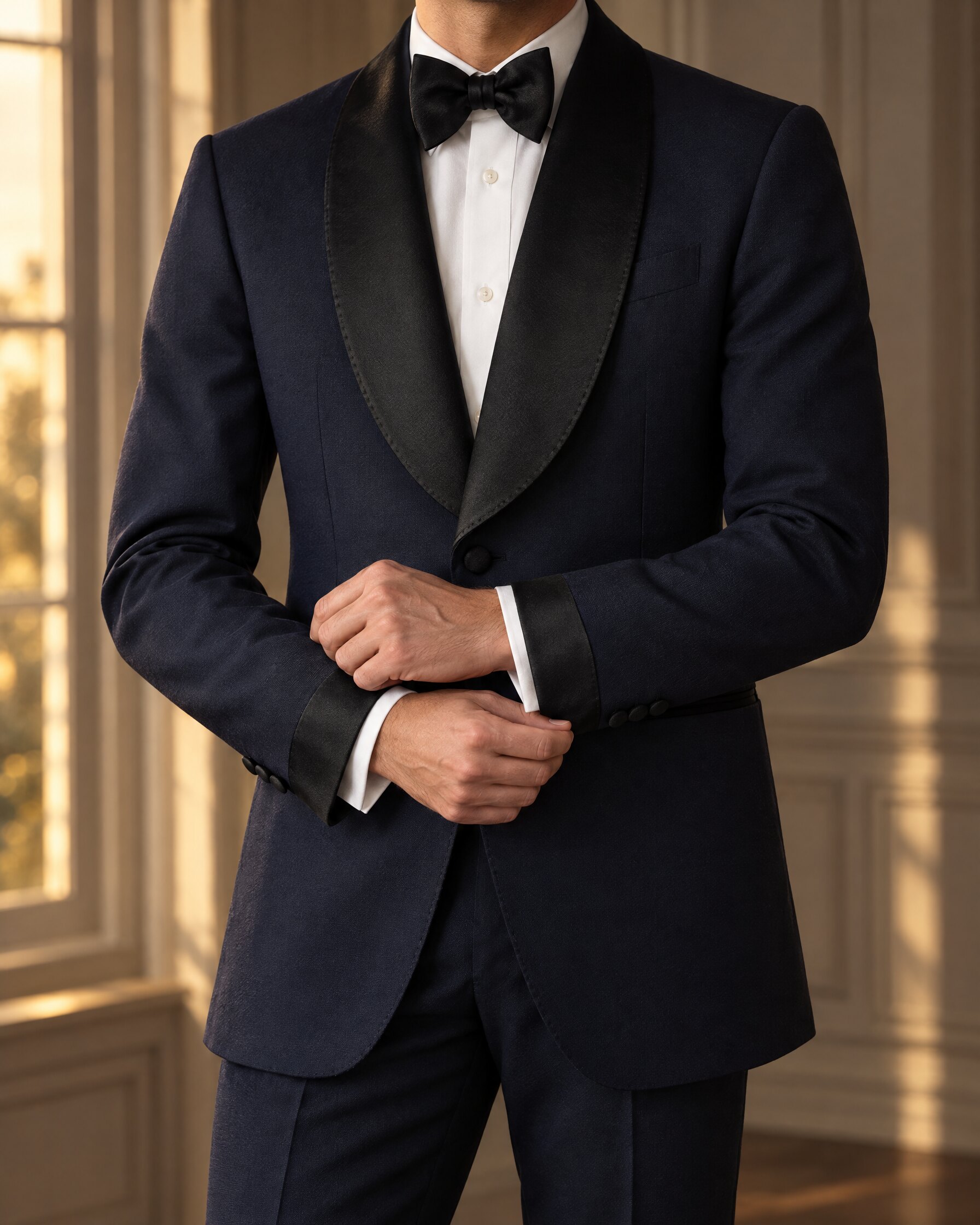 Man in a midnight blue satin-trimmed dinner jacket and black bow tie adjusting his cuff, cropped at the chin