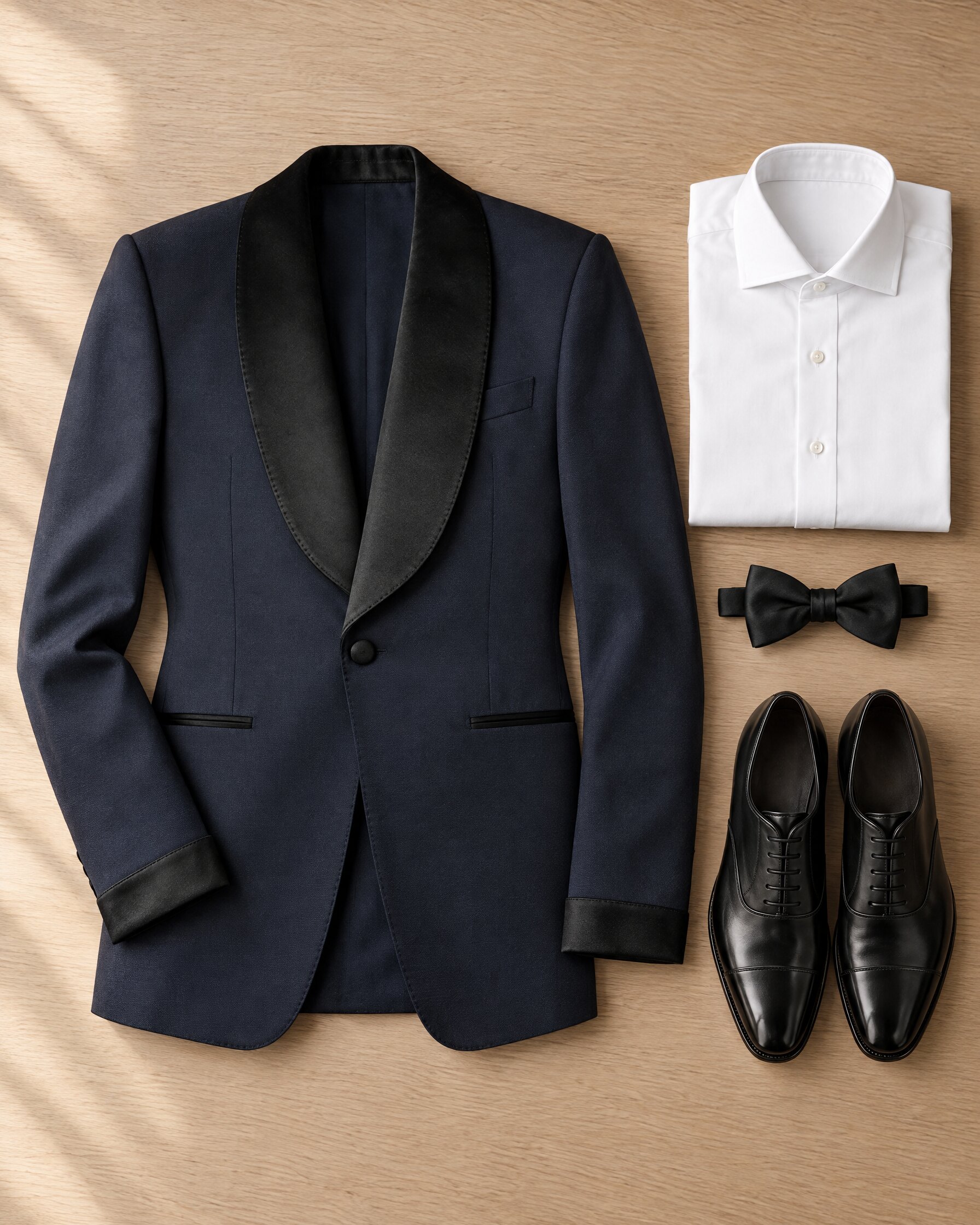 Tom Ford Shelton tuxedo jacket in midnight blue laid flat with white shirt, black bow tie and black oxford shoes