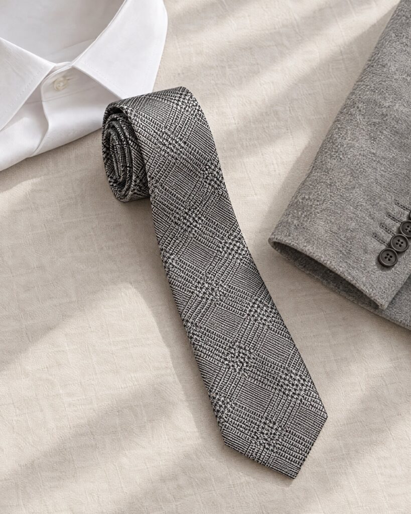 Slim black and silver check silk tie rolled beside a white shirt collar