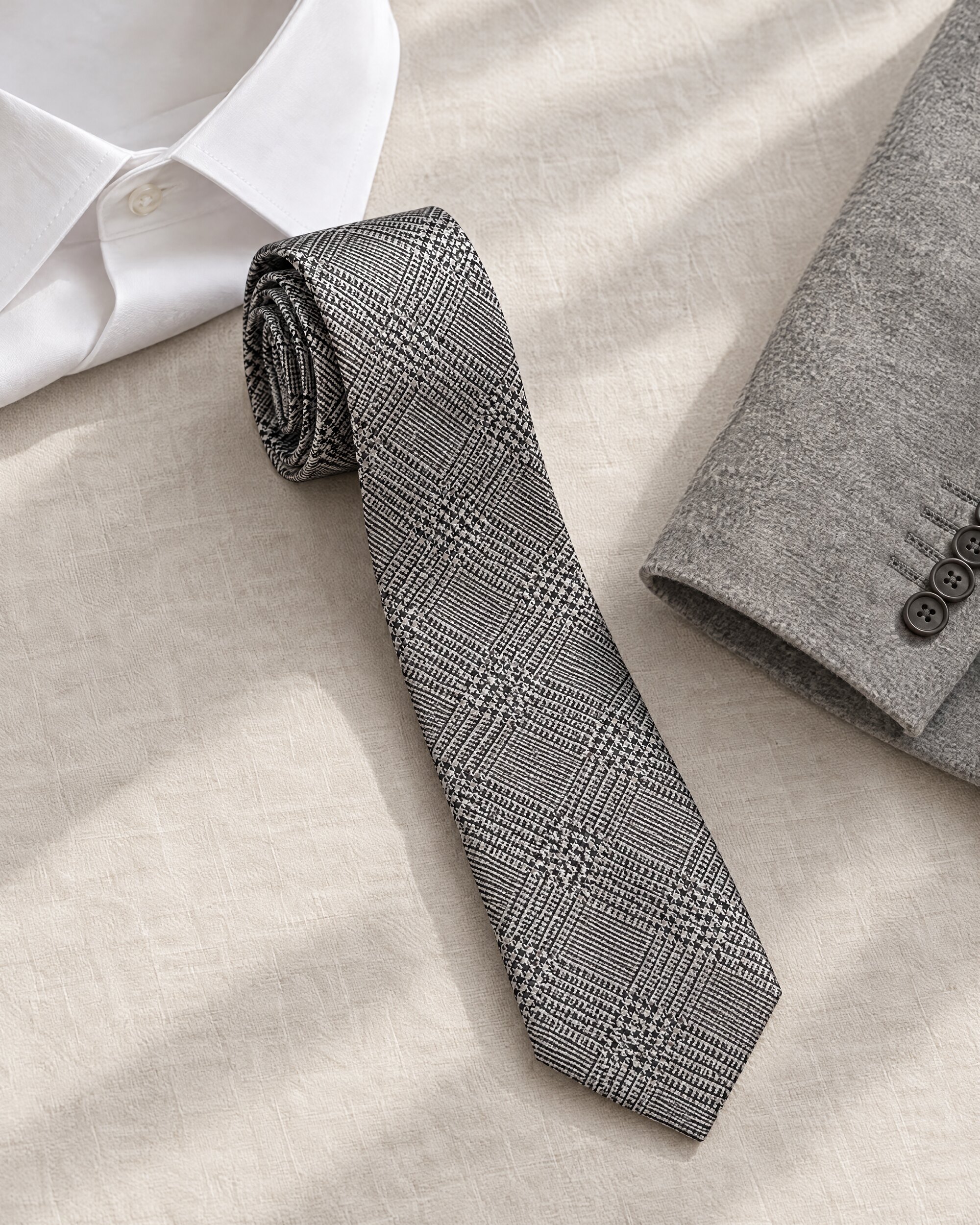 Slim black and silver check silk tie rolled beside a white shirt collar