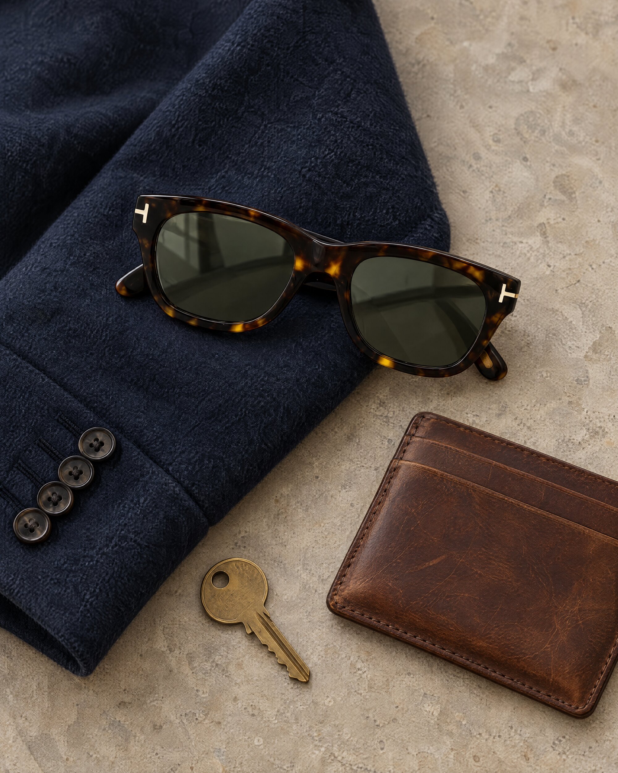 Tom Ford Snowdon sunglasses in dark Havana acetate on a folded navy wool jacket with a brass key