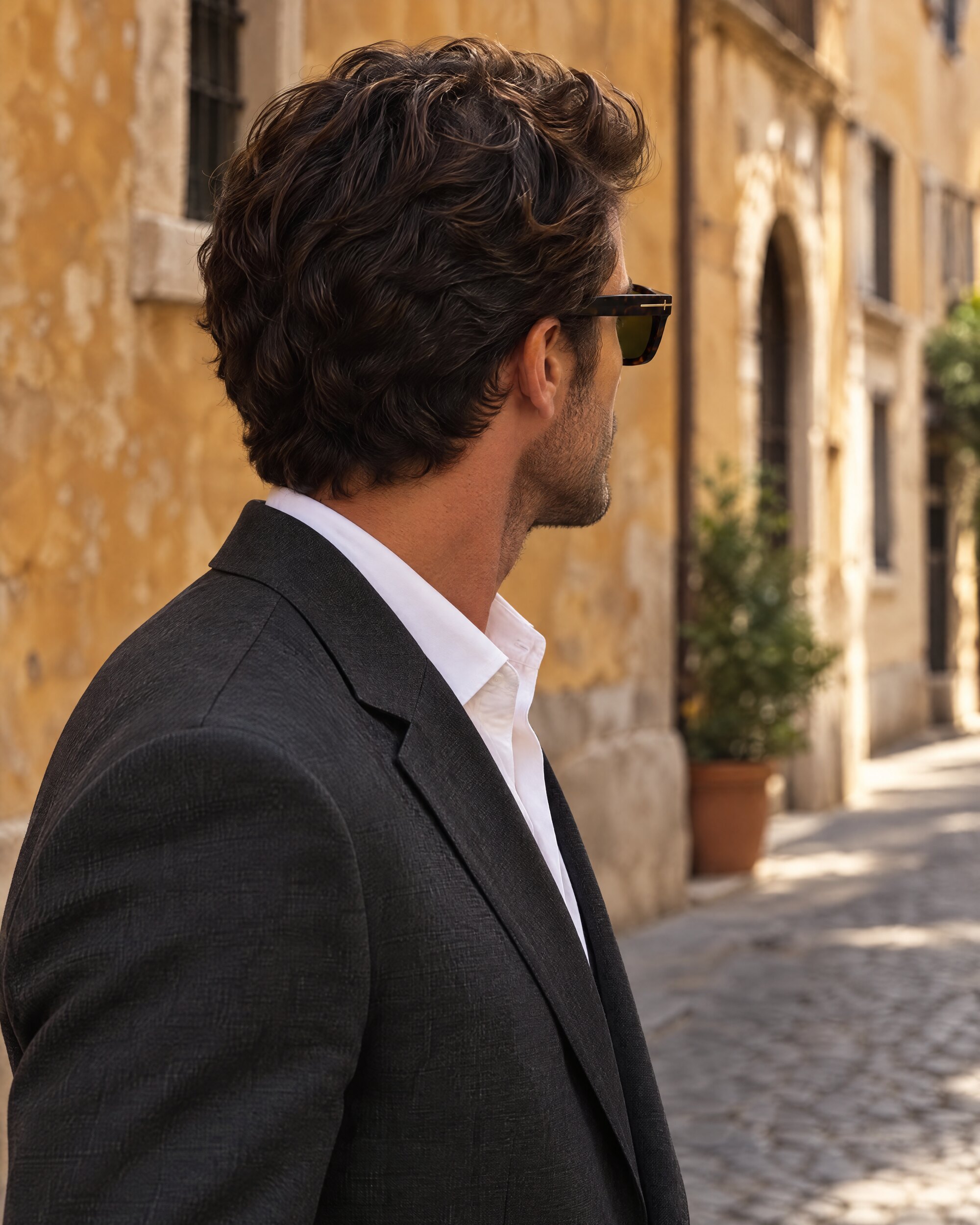 Man in a charcoal suit wearing dark Havana square sunglasses on a stone street, seen from behind