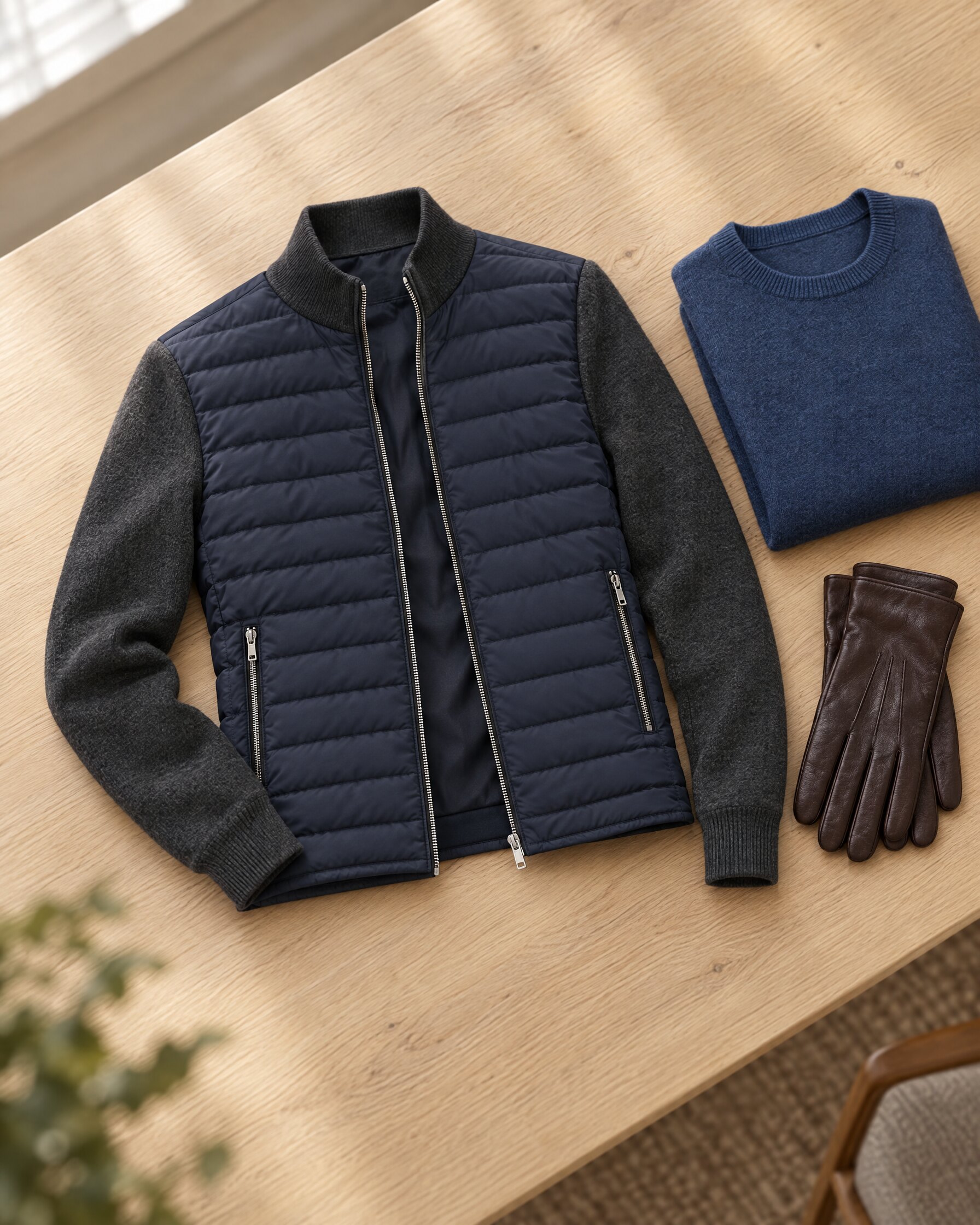 Tom Ford Spectre bomber jacket with navy quilted front and grey knitted sleeves, laid flat beside a blue merino sweater