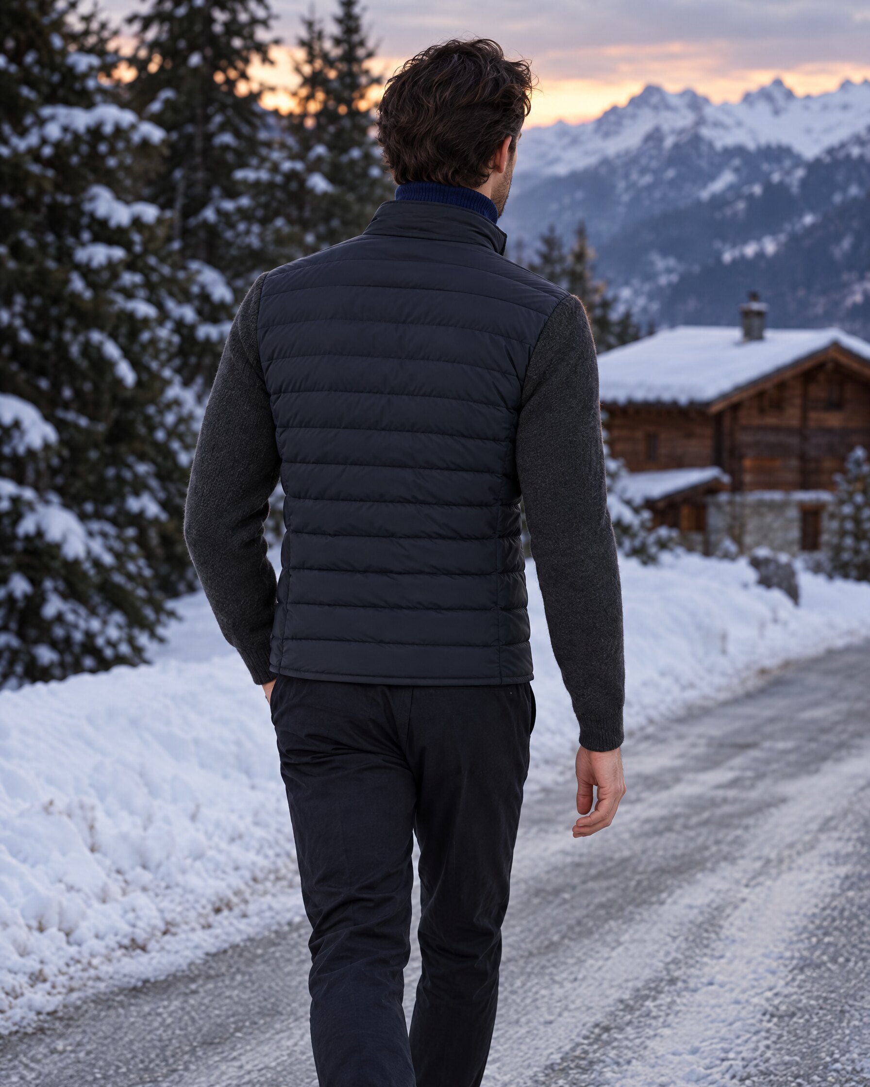 Man in a navy quilted bomber jacket with grey knitted sleeves walking on a snowy mountain road