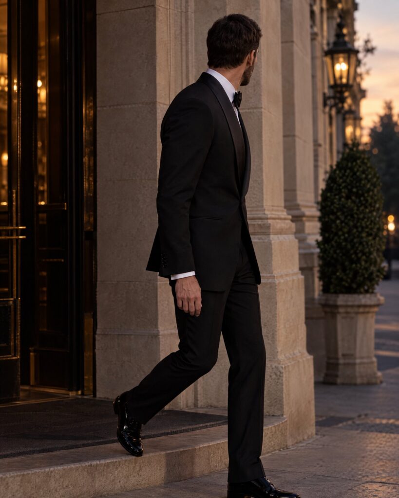 Man in a black Tom Ford tuxedo No Time To Die style, shawl collar dinner suit seen from behind at dusk