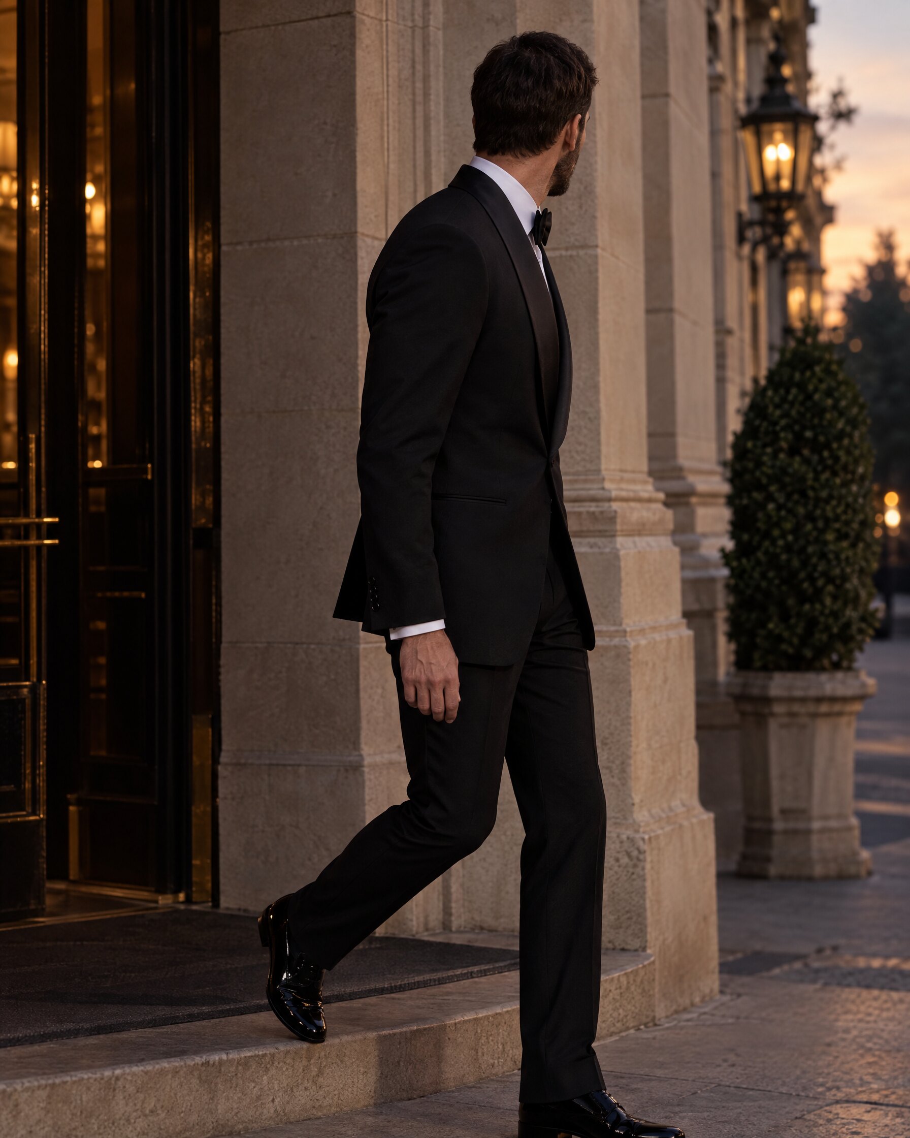 Man in a black Tom Ford tuxedo No Time To Die style, shawl collar dinner suit seen from behind at dusk