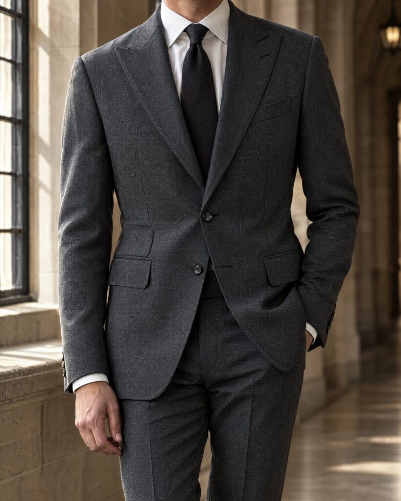Man in a charcoal grey single-breasted suit in a stone hallway