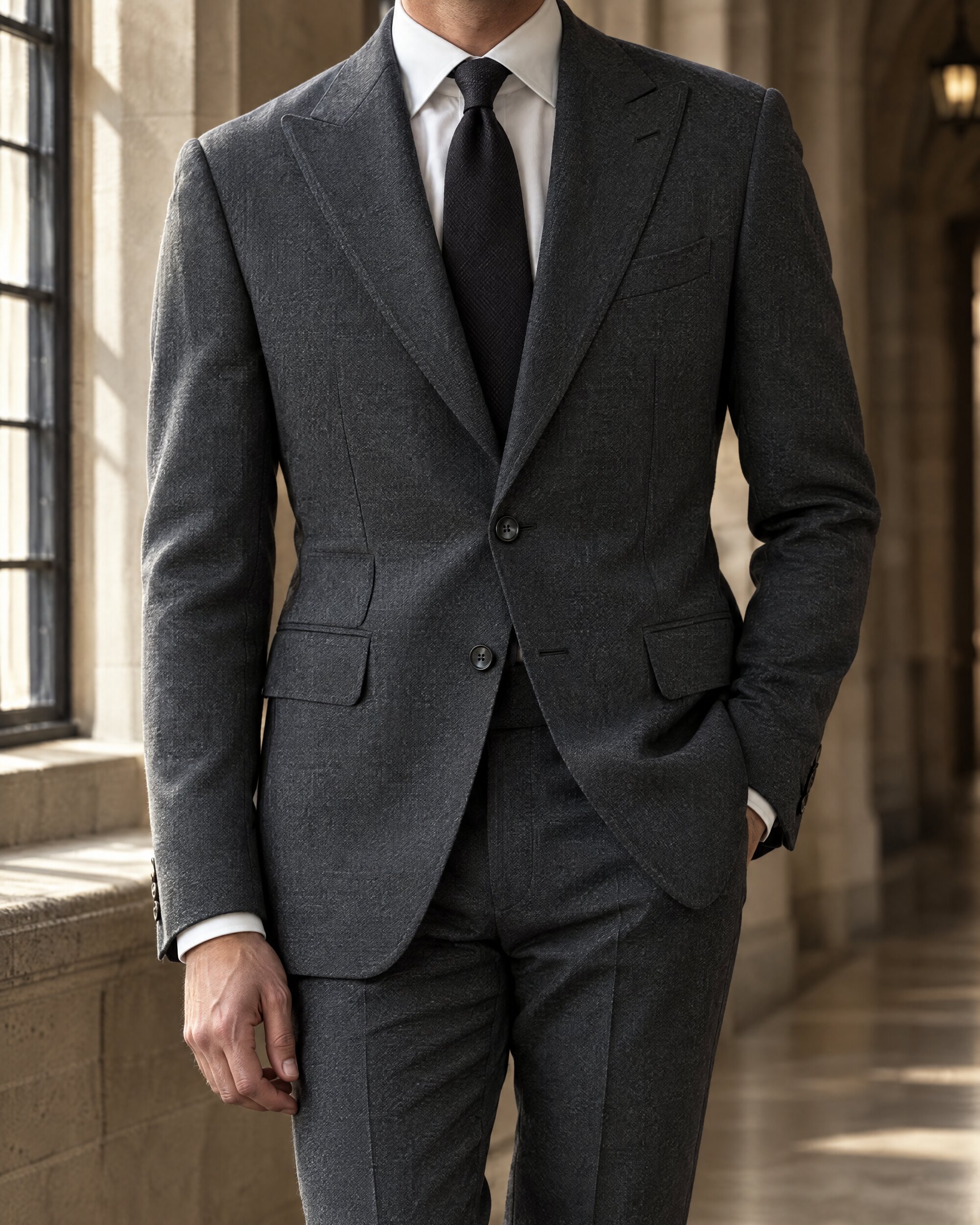 Man in a charcoal grey single-breasted suit in a stone hallway