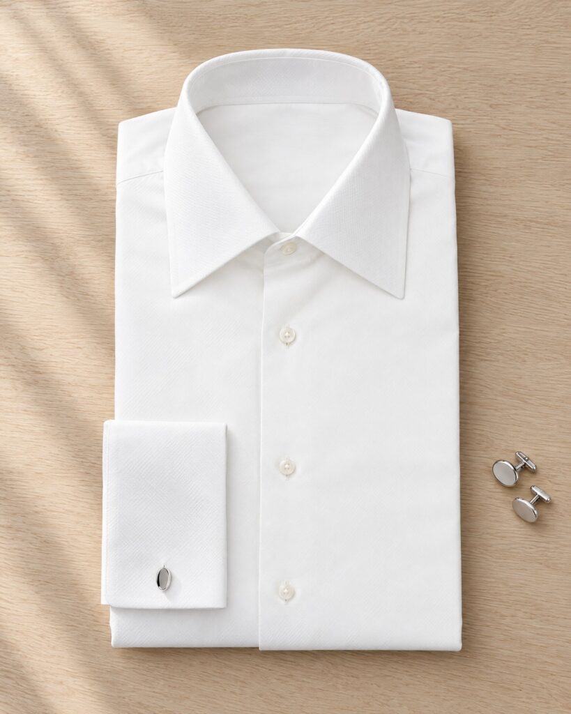 Tom Ford white French cuff shirt style: a crisp white cotton shirt with plain cufflinks
