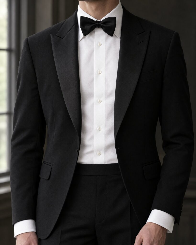 Man in a Tom Ford white shirt, No Time To Die style, under a black dinner jacket with turnback cuffs