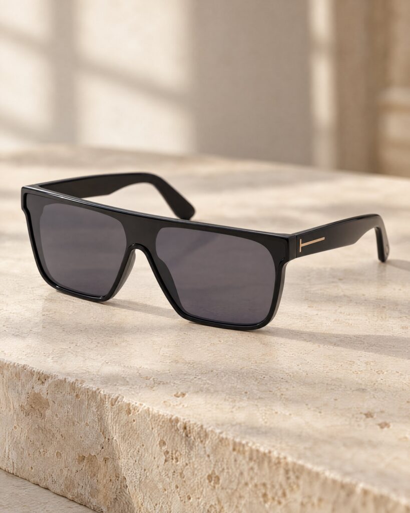 Tom Ford Whyat sunglasses, a shiny black acetate single-lens shield, resting on pale limestone in soft window light