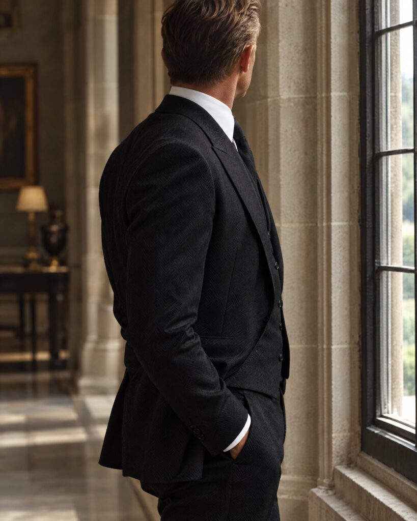 Man in a black herringbone three-piece suit with peak lapels standing at a tall window, face not shown