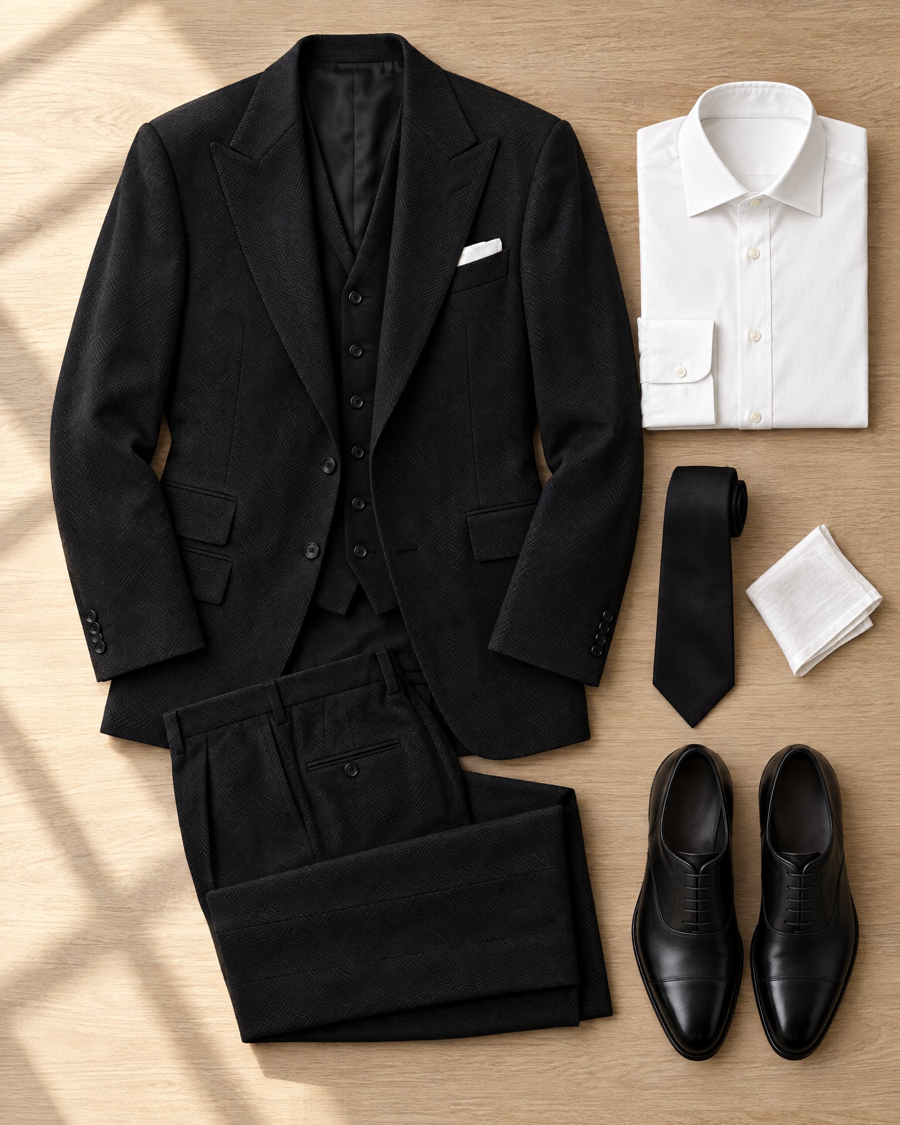 Black herringbone Tom Ford Windsor three-piece suit laid flat with white shirt, black tie and black Oxfords