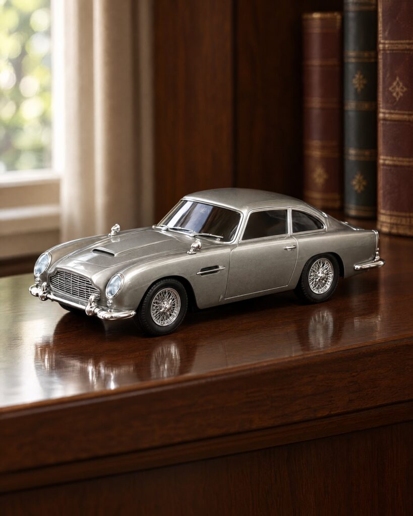Silver-grey toy Aston Martin DB5 from Skyfall on a wooden shelf