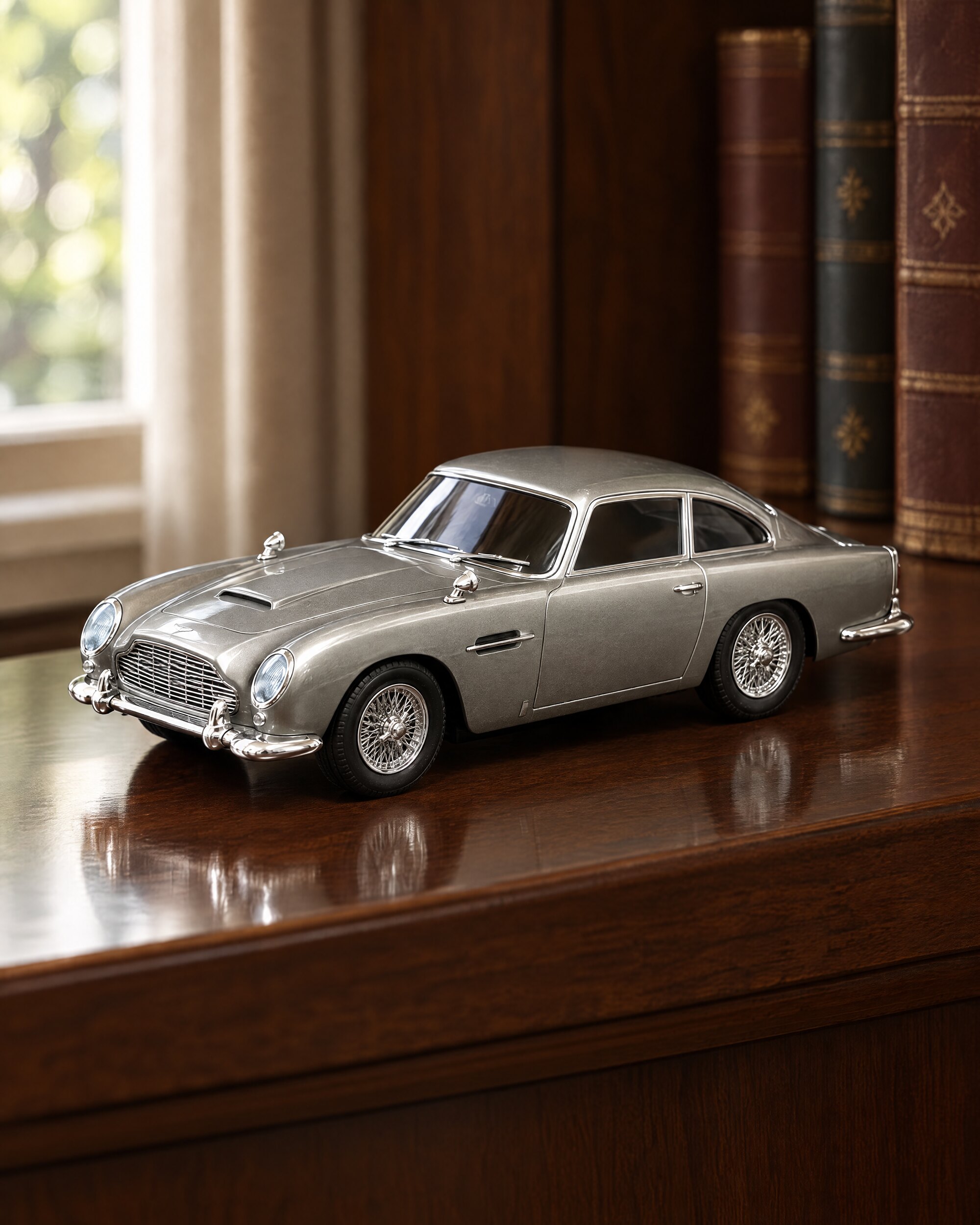 Silver-grey toy Aston Martin DB5 from Skyfall on a wooden shelf