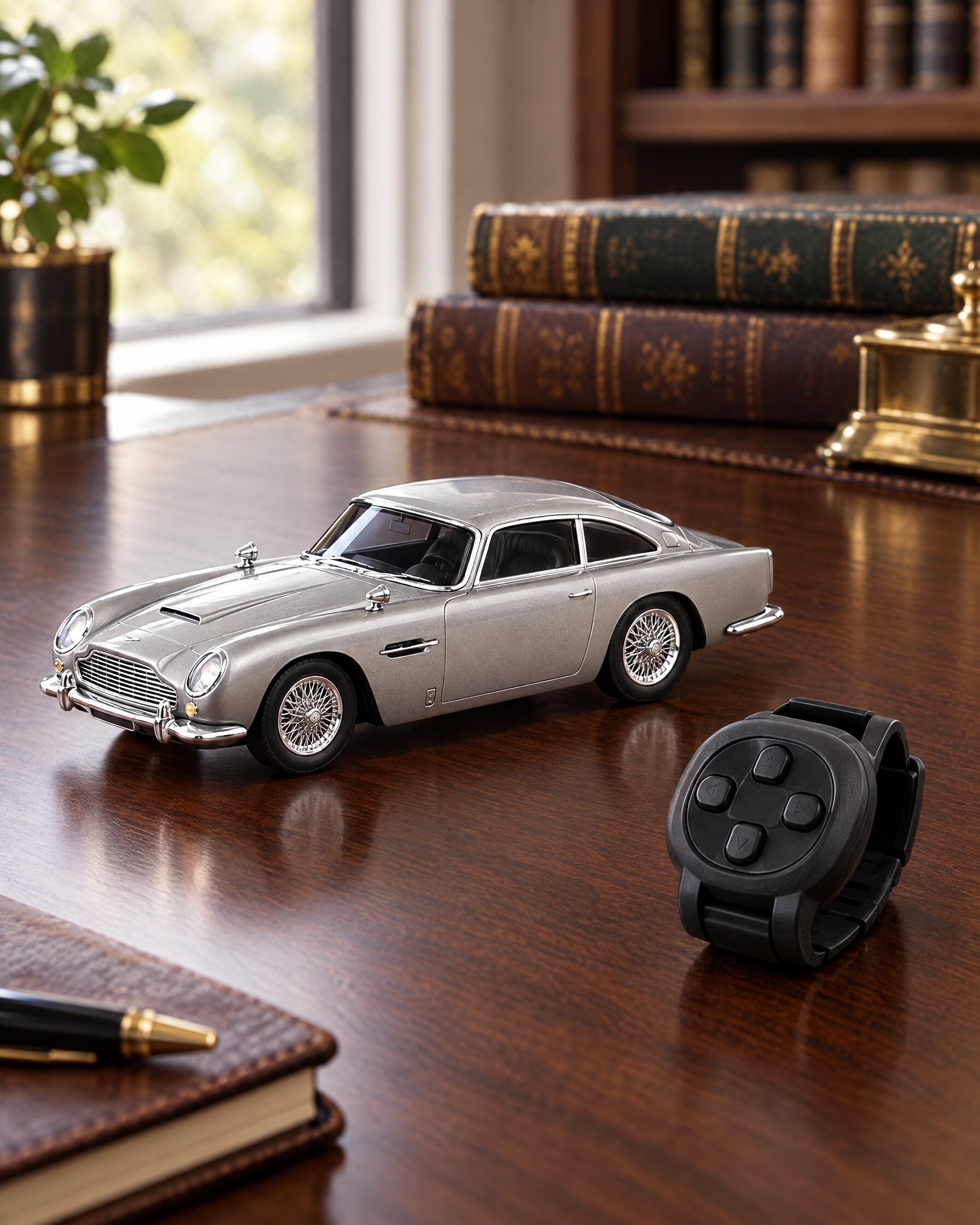Small silver Aston Martin DB5 toy car with a wrist remote on a walnut desk