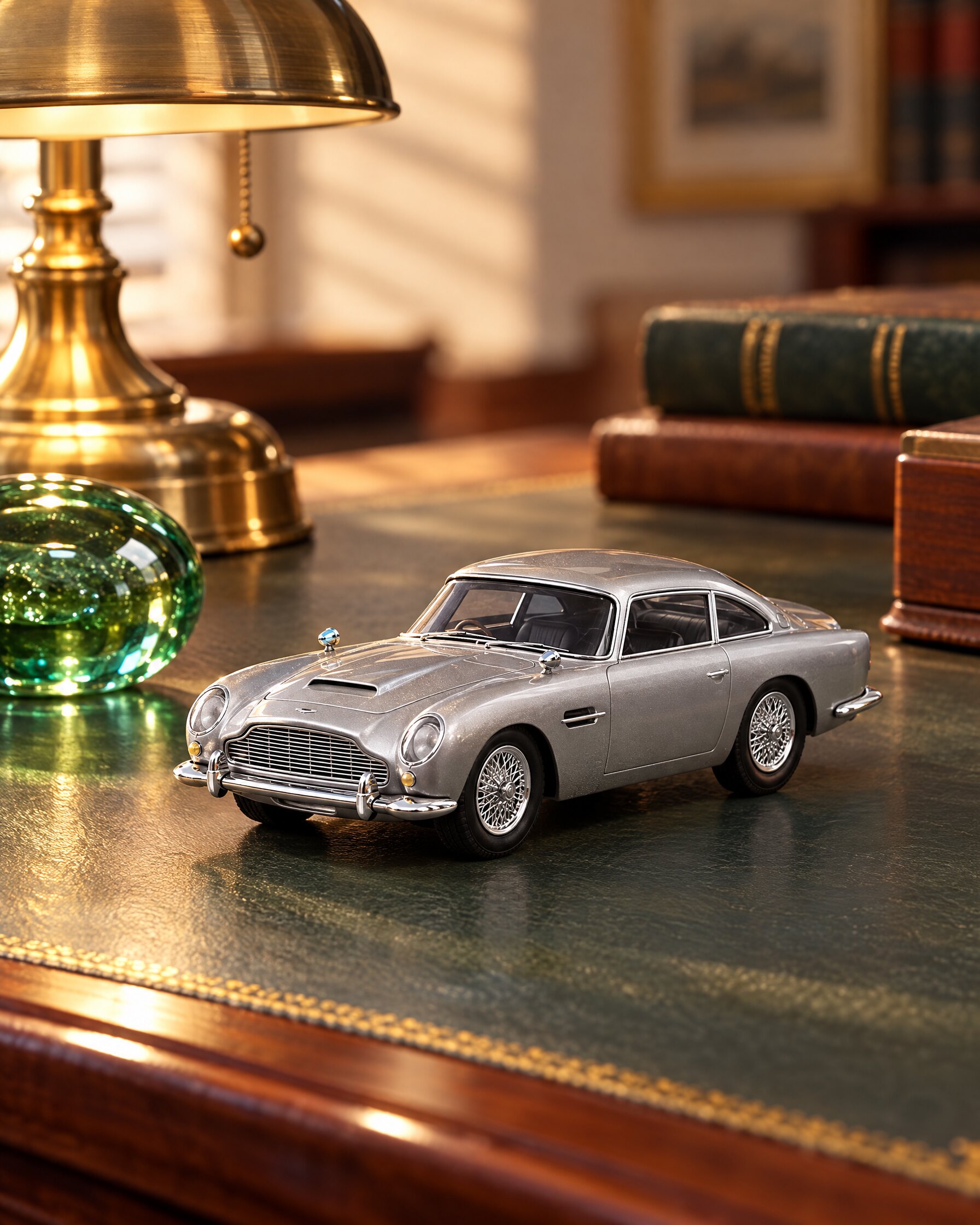 Silver toy Aston Martin DB5 on a leather writing desk