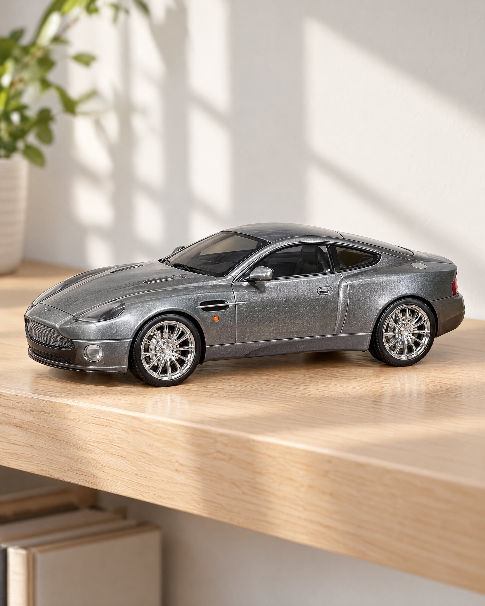 Die Another Day toy car, an Aston Martin Vanquish model on an oak shelf