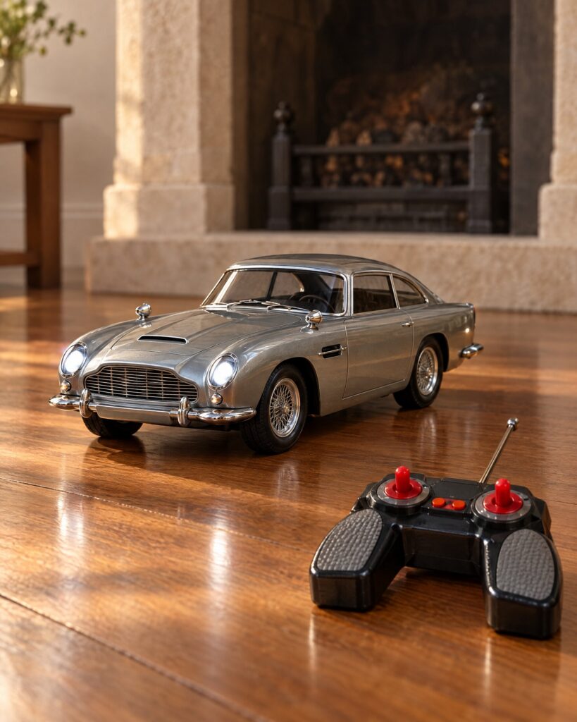 Silver toy Aston Martin DB5 on a wooden floor before a stone fireplace