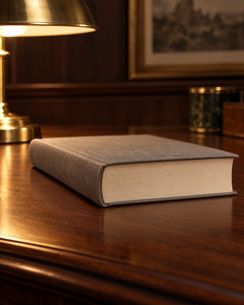 Closed hardback novel on a walnut desk, seen from the page edge