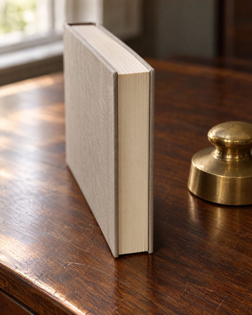 Closed paperback novel on a walnut desk beside a brass paperweight, for the Trigger Mortis novel