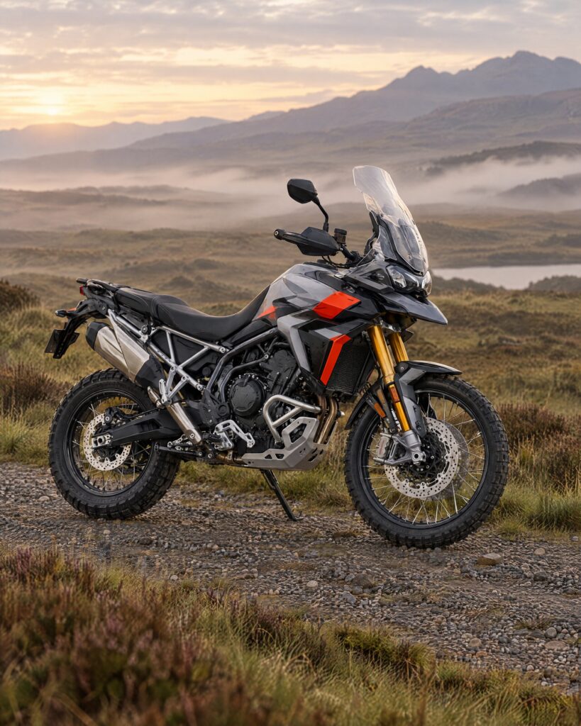 Triumph Tiger 900 Rally Pro No Time To Die motorcycle parked on a gravel moorland track in early morning light