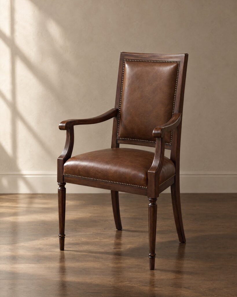 Tudor Oak Greenwich Early English carver in coffee brown hide, three-quarter view