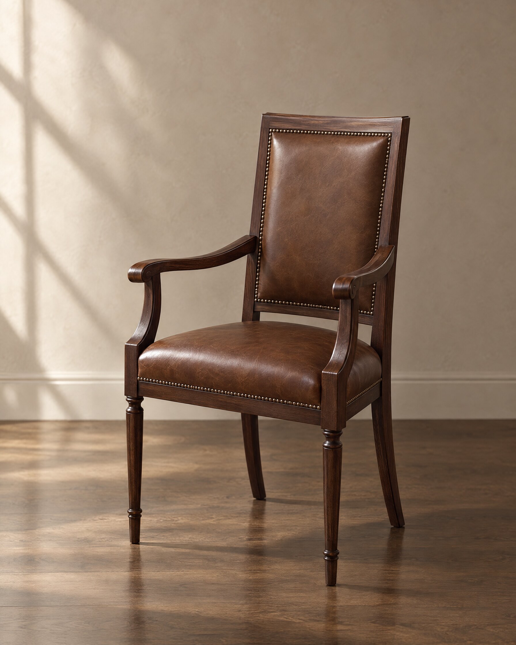 Tudor Oak Greenwich Early English carver in coffee brown hide, three-quarter view