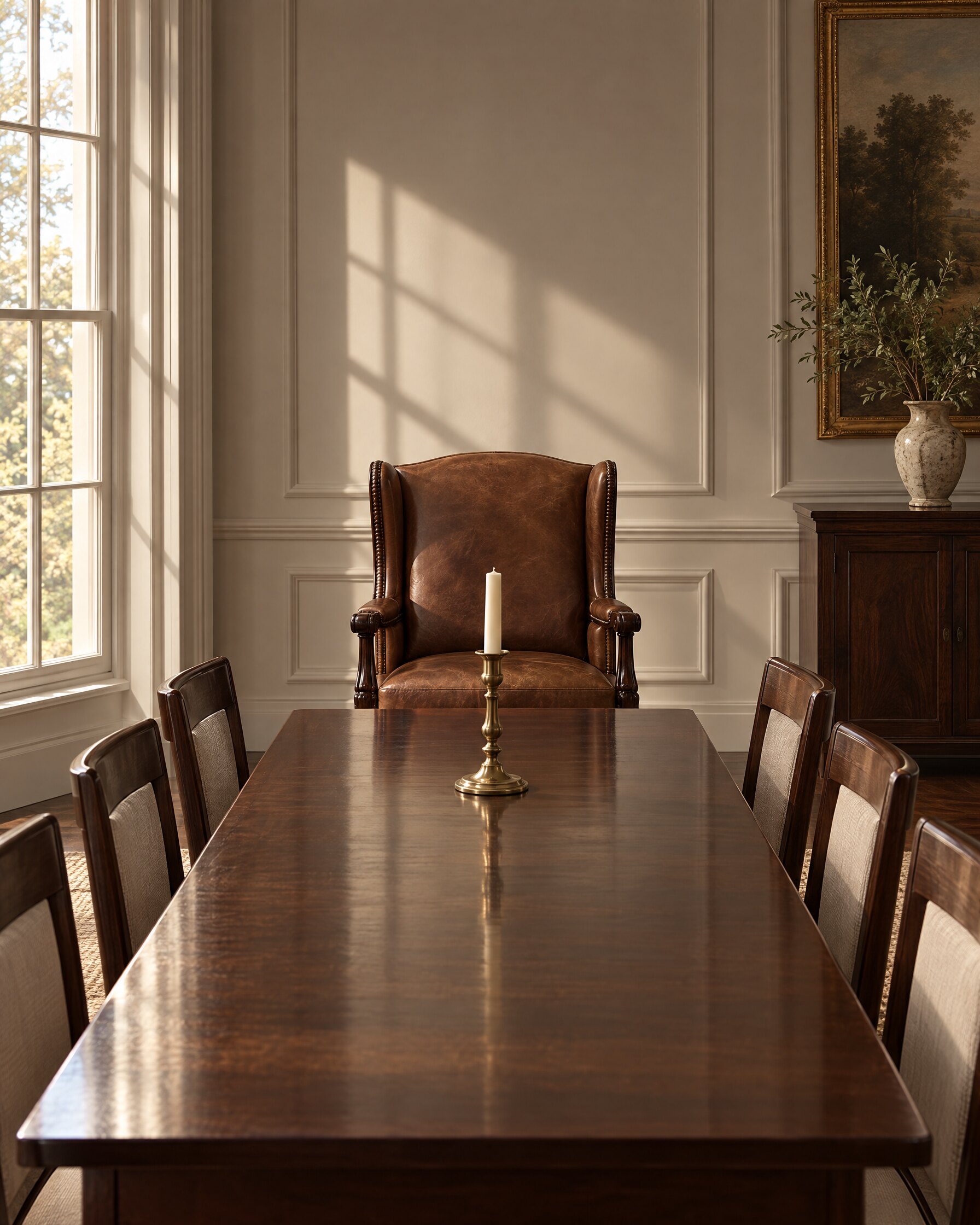 Brown hide carver armchair at the head of a dark wooden dining table
