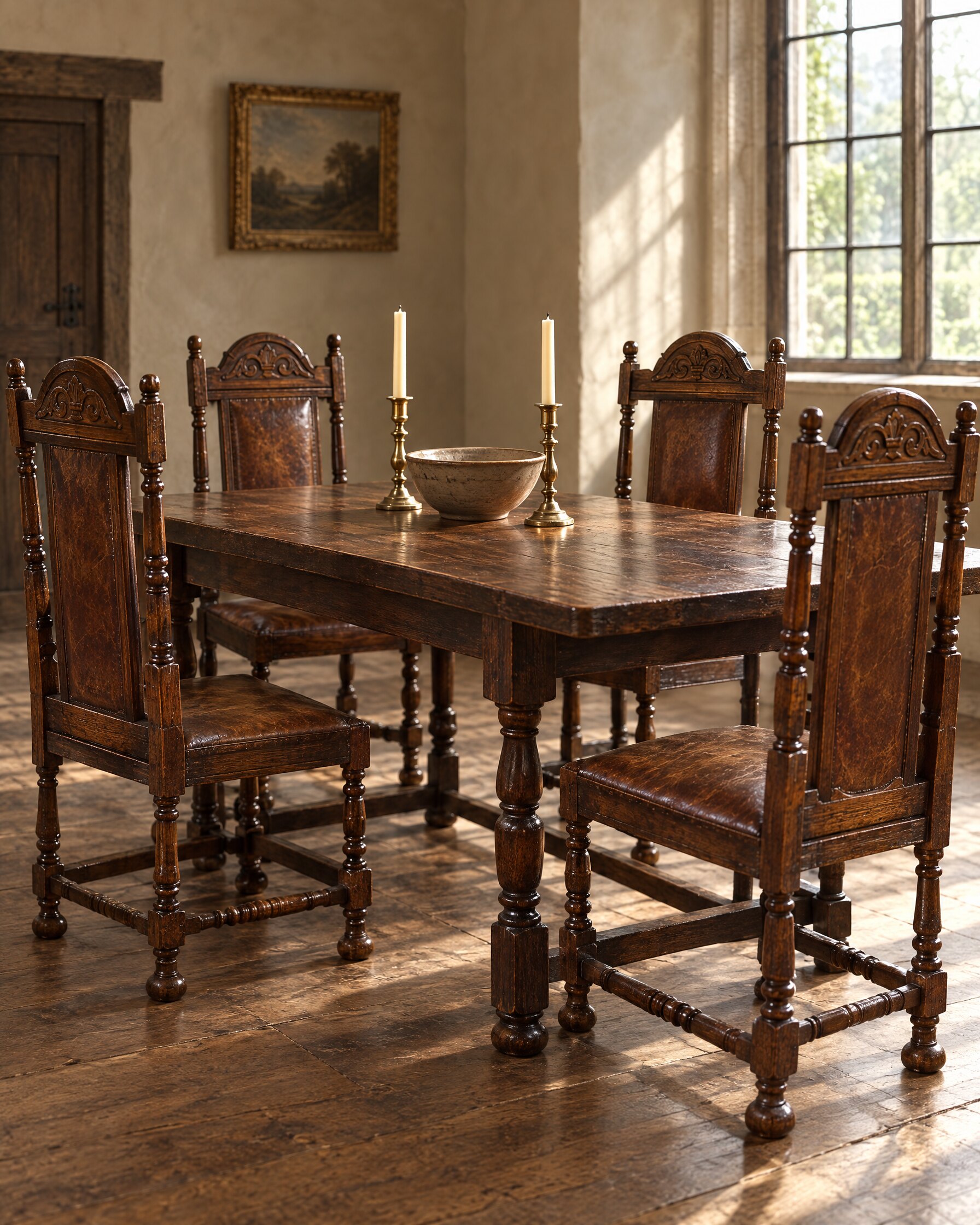 Four coffee brown hide chairs with turned wooden frames around a dark oak dining table in a quiet English dining room