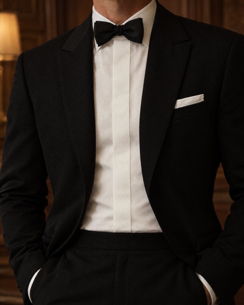 Man in a black dinner jacket wearing the Turnbull & Asser Casino Royale shirt with a narrow black silk bow tie