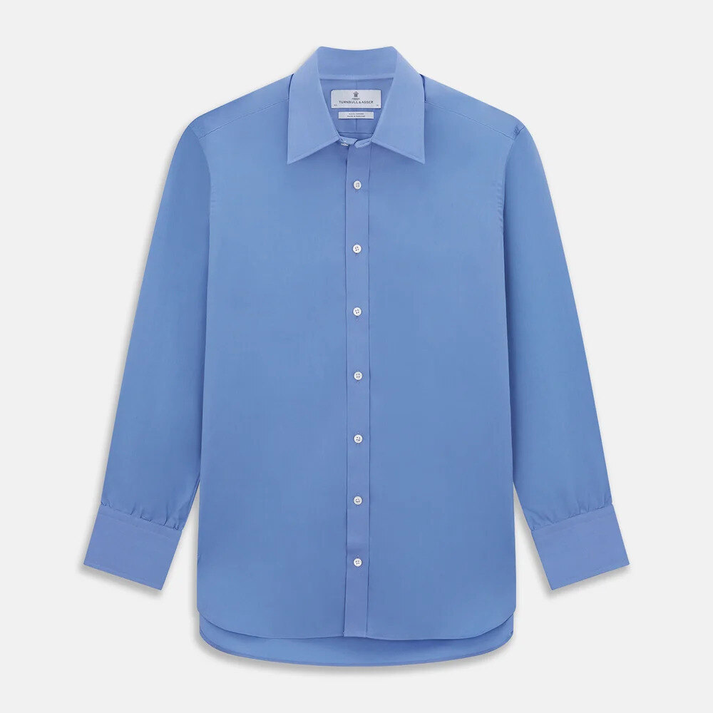 Turnbull & Asser Istanbul shirt style blue oxford shirt flat lay with knitted tie and belt